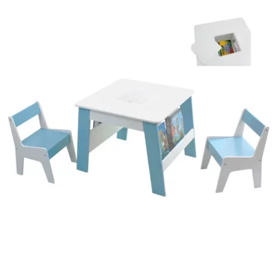 deciji sto sa 2 stolice plavo beli